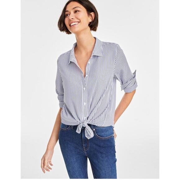 On 34th Women's Button-Front stripped Crepe Shirt Size 3X In Bijou Blue Combo. - Picture 2 of 14